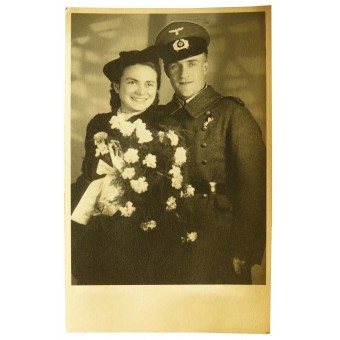 German Infantry Feldwebel in overcoat with wife in 1942 year. Espenlaub militaria